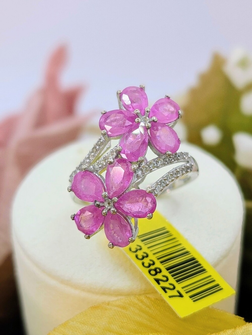 7.64ctw Madagascar Pink Sapphire & Zircon Floral Ring - Rhodium Plated 925